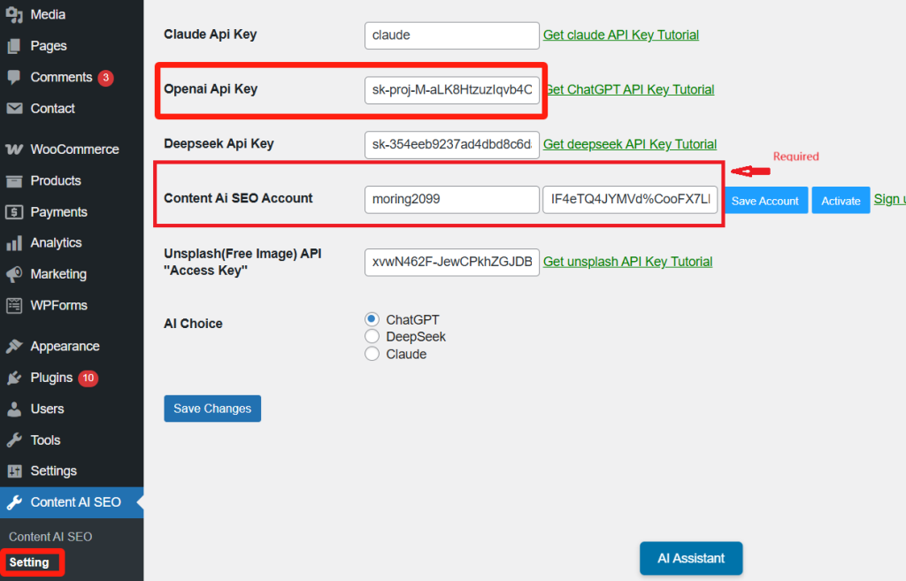 AI Content SEO Plugin Settings for WordPress